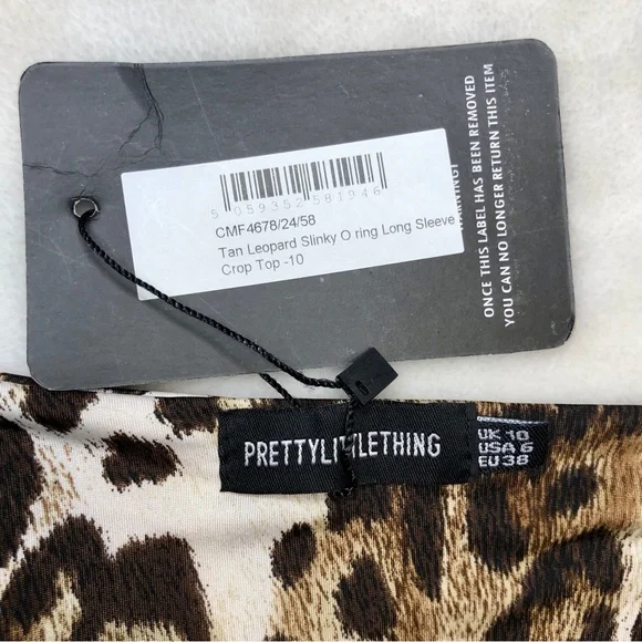 PrettyLittleThing Tan Leopard Slinky O Ring Long Sleeve Crop Top Size US-6 - Picture 12 of 14